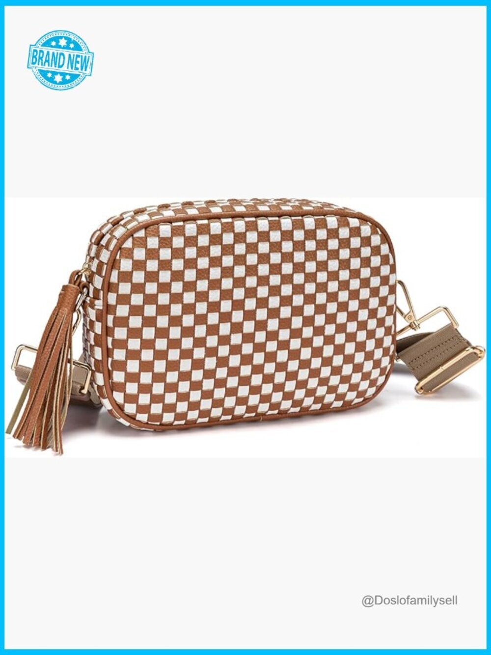 Small Checkered Crossbody Bag Vegan Leather Trendy Shoulder Handbag Wide Strap